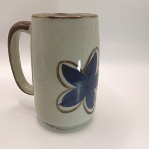 Vintage 1970s Ceramic Mug Blue Floral Pattern Crackle Glaze Brown Handle